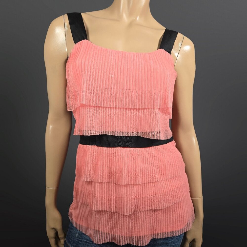 Y2K Le Chateau Sleeveless Chiffon Top Size M Coral Black Tiered Accordion Pleat